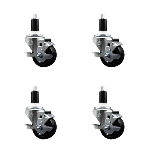 3'' Hard Rubber Swivel 1-3/8'' Expanding Stem Caster Set with Brake, 4PK